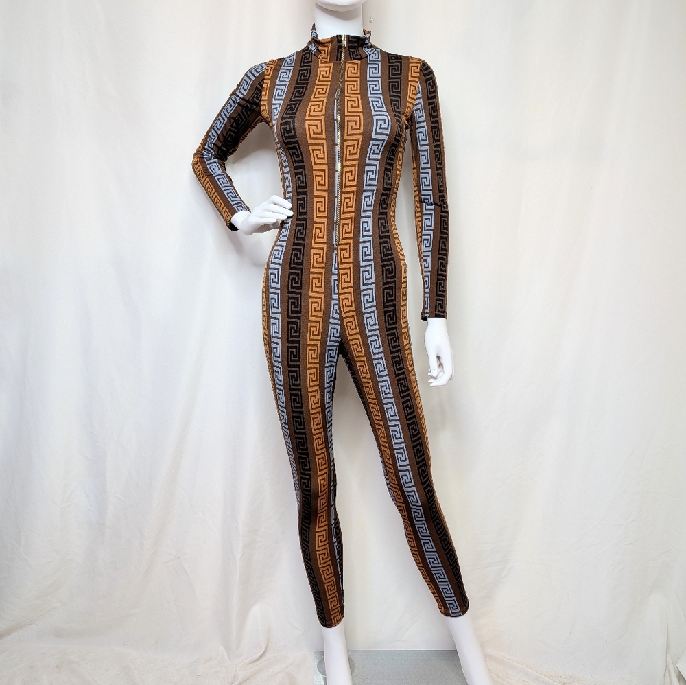 Greek Key Pattern Brown & Light Blue Half Zip Mock Neck Long Sleeve Jumpsuit - Picture 3 of 11